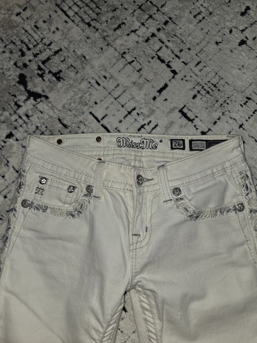 Y2K-style Miss Me low-rise denim cuffed Capris with embroidered sides and pocket